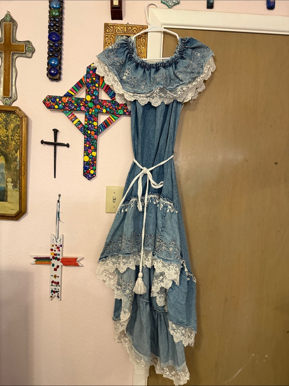 Boho Blue High-Low Lace-Trim Women's Dress